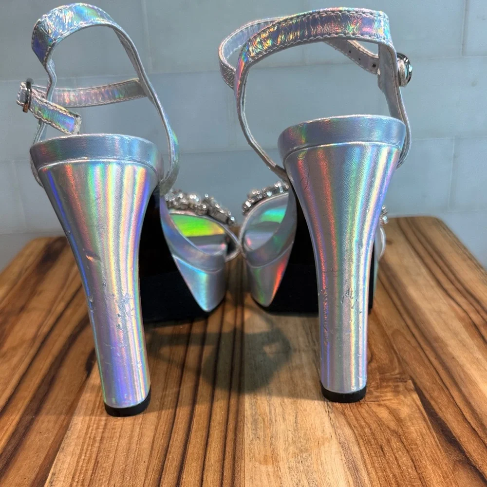 Karl Lagerfeld Holographic Jeweled Platform Sandals - Silver